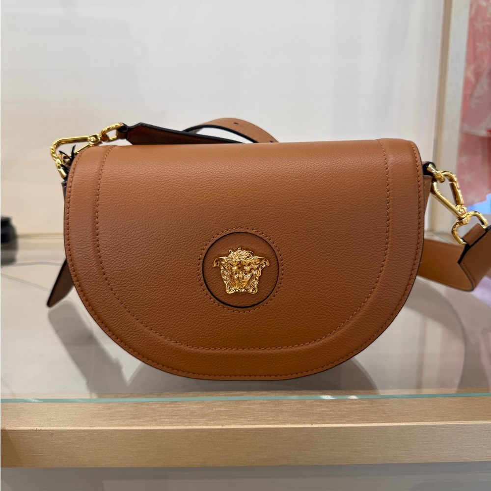 Versace Tan Leather Crossbody Bag with Gold Medusa